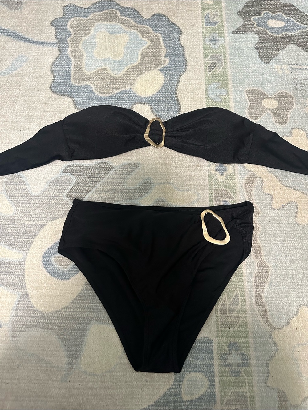 Black Two-Piece Bikini with Gold Ring Accents